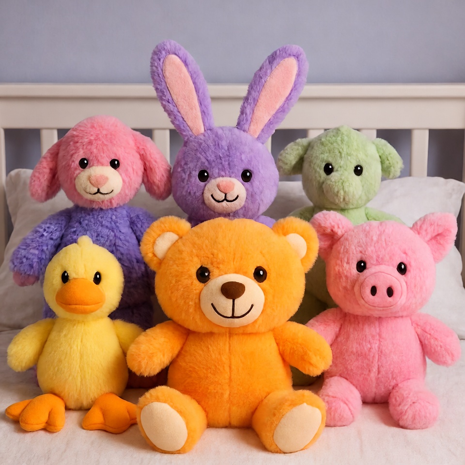 Colorful stuffed animals on bed Colorful stuffed animals on bed