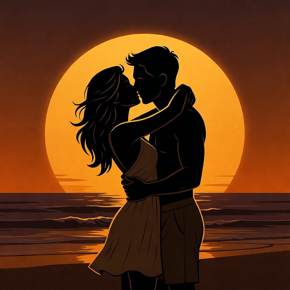 Silhouette couple kissing at sunset beach Silhouette couple kissing at sunset beach