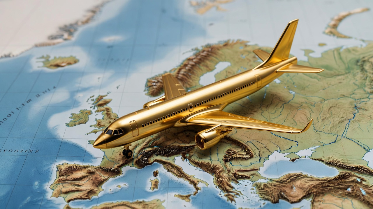 Golden Airplane on World Map Golden Airplane on World Map