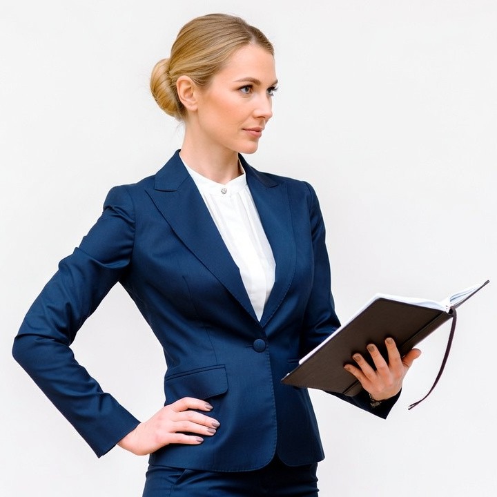 Blonde woman in navy suit holding notebook Blonde woman in navy suit holding notebook