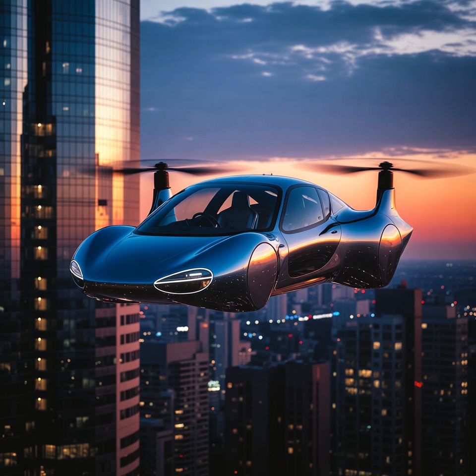 Futuristic Flying Car Over City Skyline Futuristic Flying Car Over City Skyline