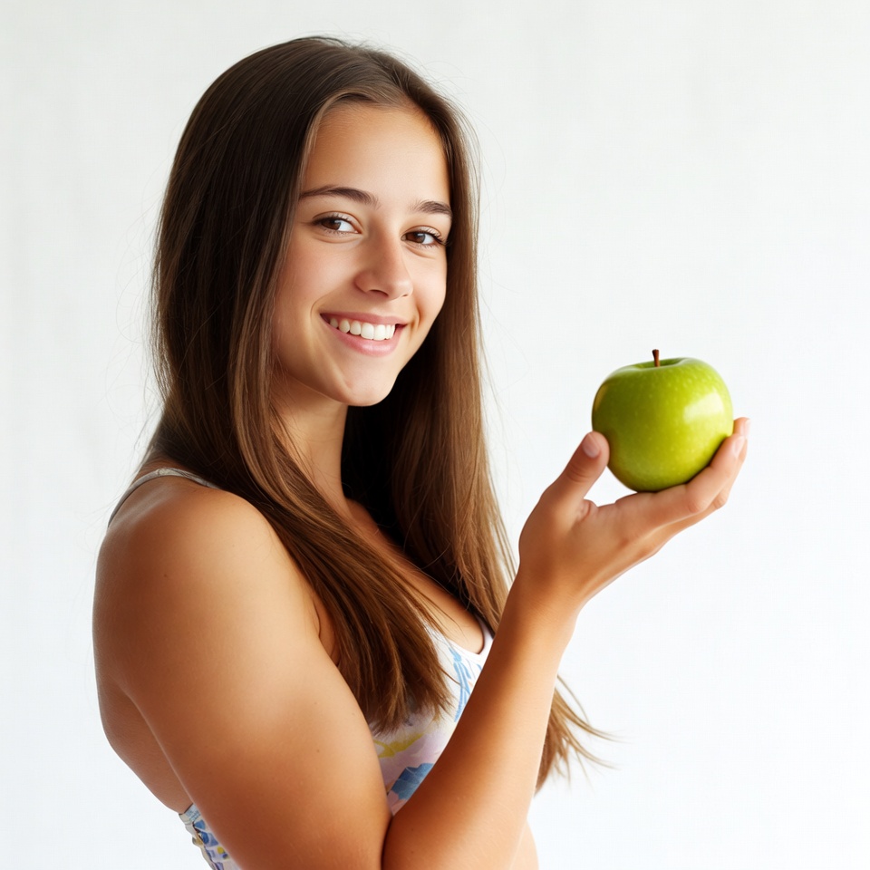 Smiling girl holding green apple Smiling girl holding green apple