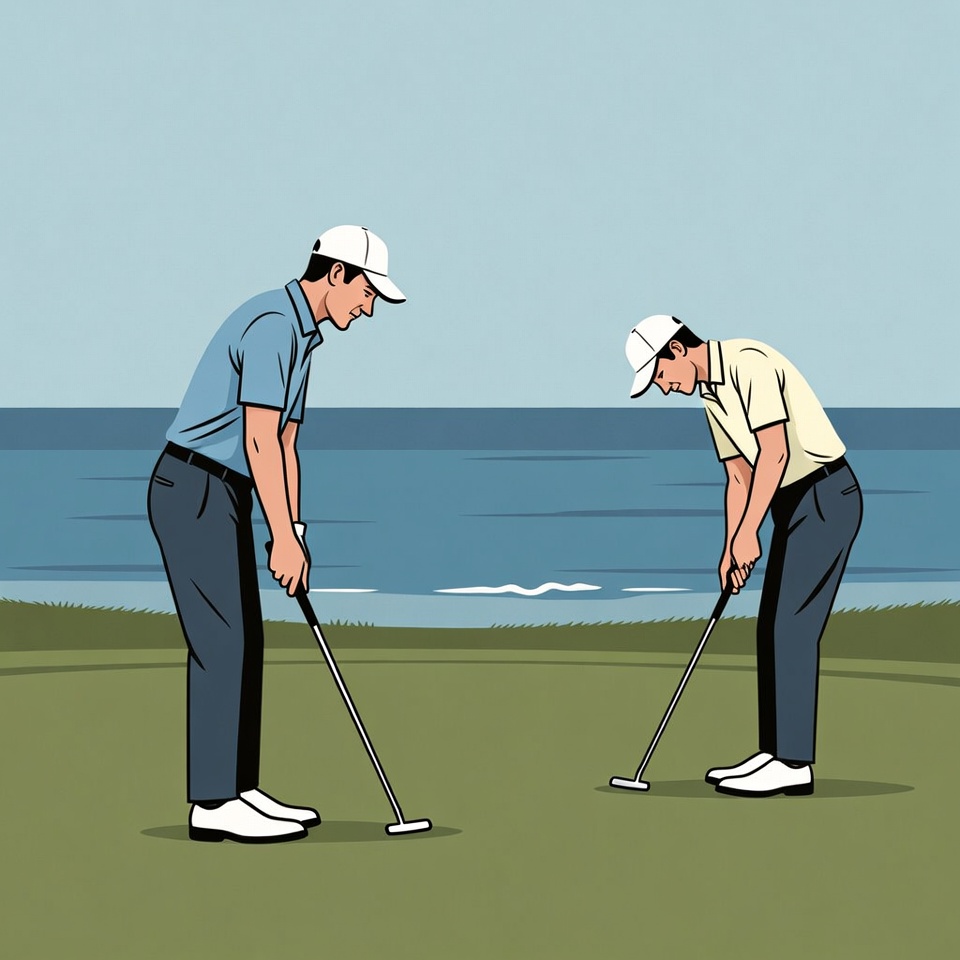 Two Men Putting Golf Balls Beachside Two Men Putting Golf Balls Beachside