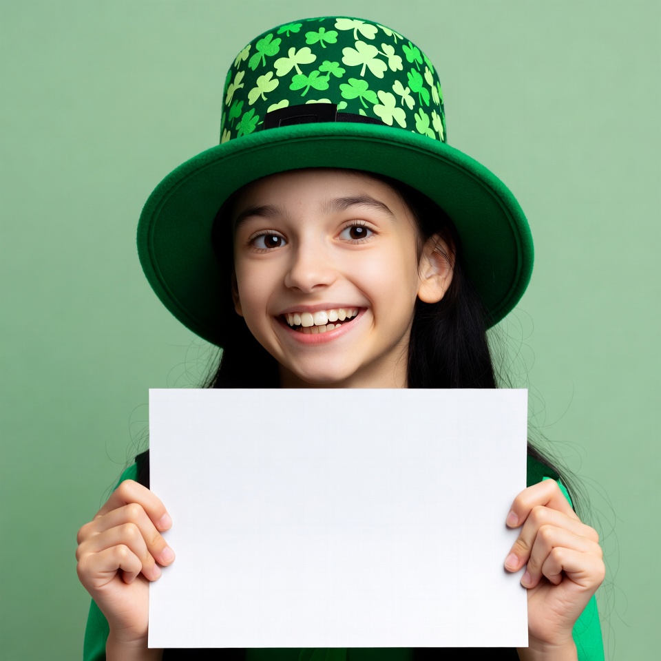 Girl holding blank sign in shamrock hat Girl holding blank sign in shamrock hat