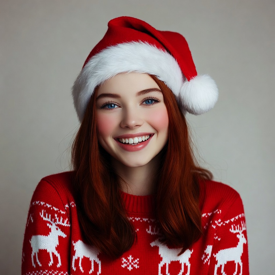 Redhead woman in Santa hat smiling Redhead woman in Santa hat smiling