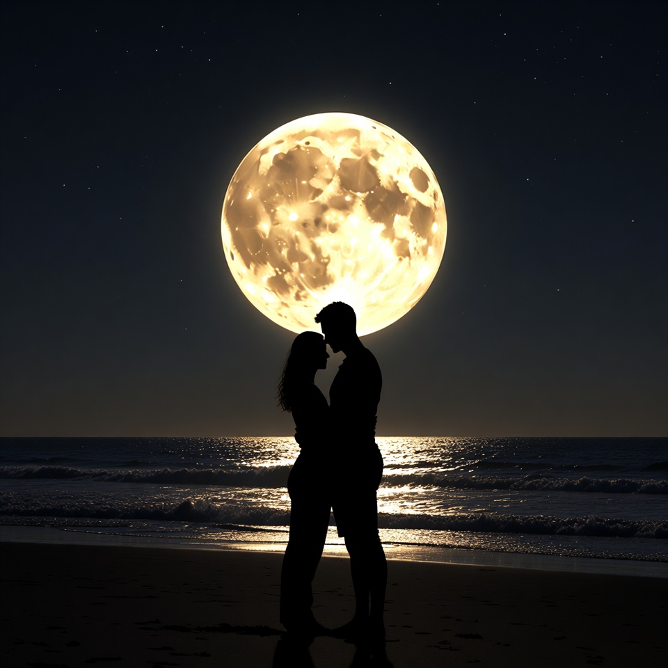 Silhouette couple embracing under full moon Silhouette couple embracing under full moon