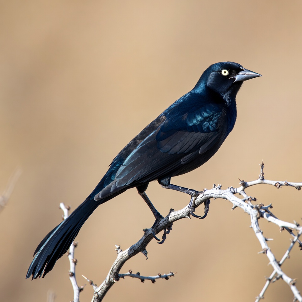 Black grackle perched on branch Black grackle perched on branch