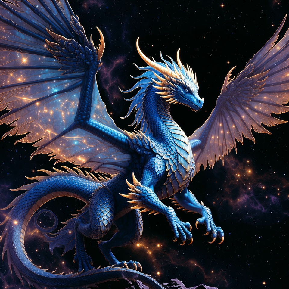 Majestic Blue Dragon with Wings Spread Majestic Blue Dragon with Wings Spread