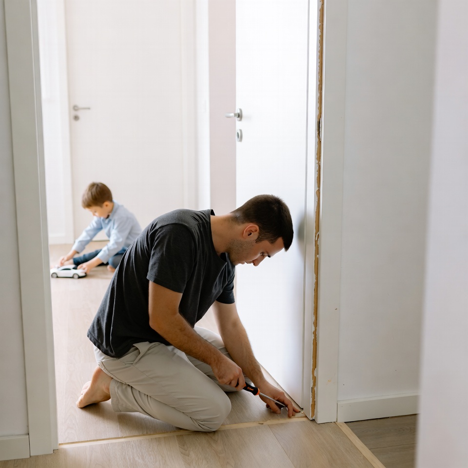 Father installing door trim with son Father installing door trim with son