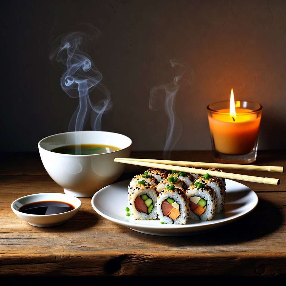 Sushi rolls with miso soup and candle Sushi rolls with miso soup and candle