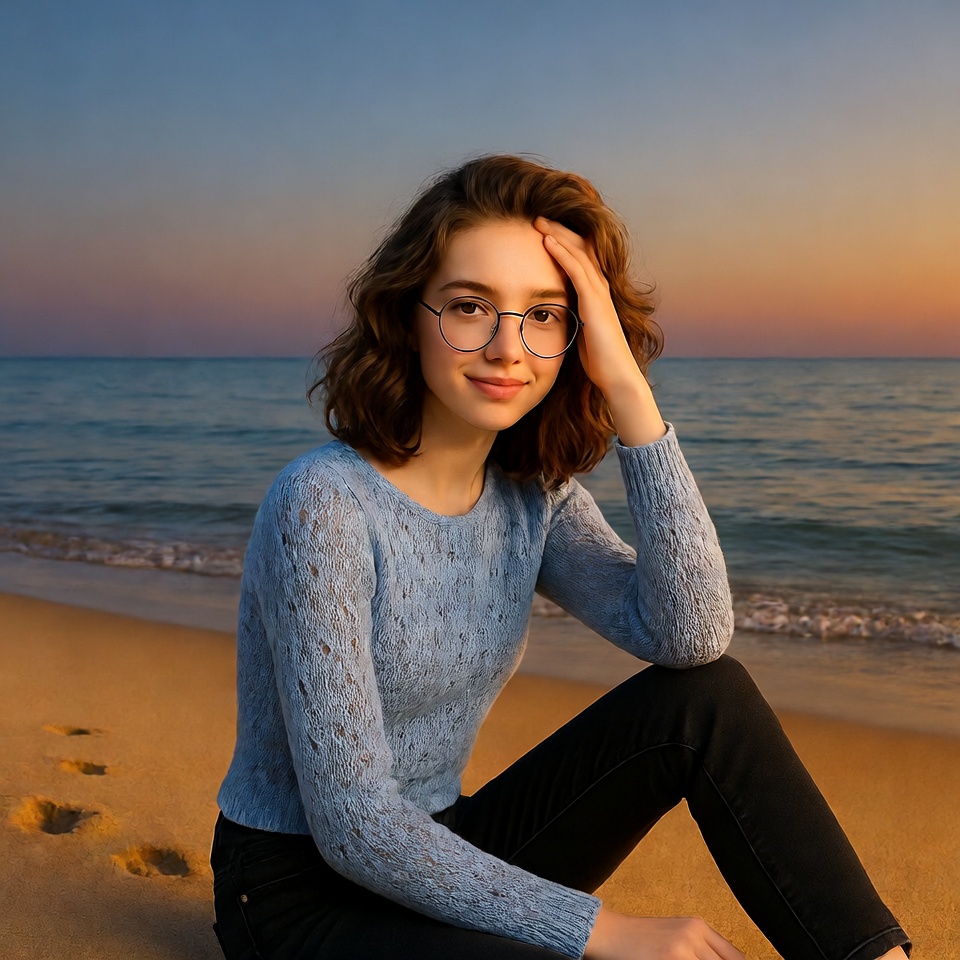 Young woman on beach at sunset Young woman on beach at sunset