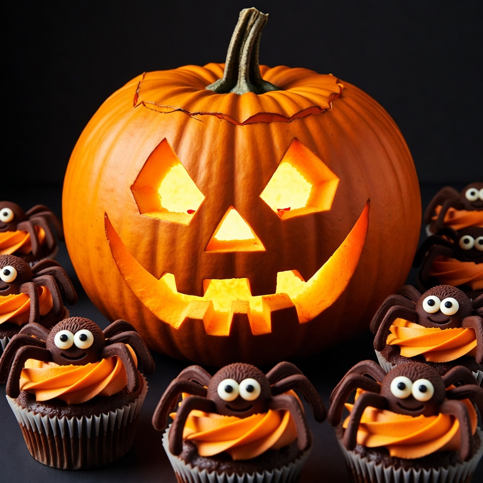 Jack-o'-lantern with Spider Cupcakes Jack-o'-lantern with Spider Cupcakes
