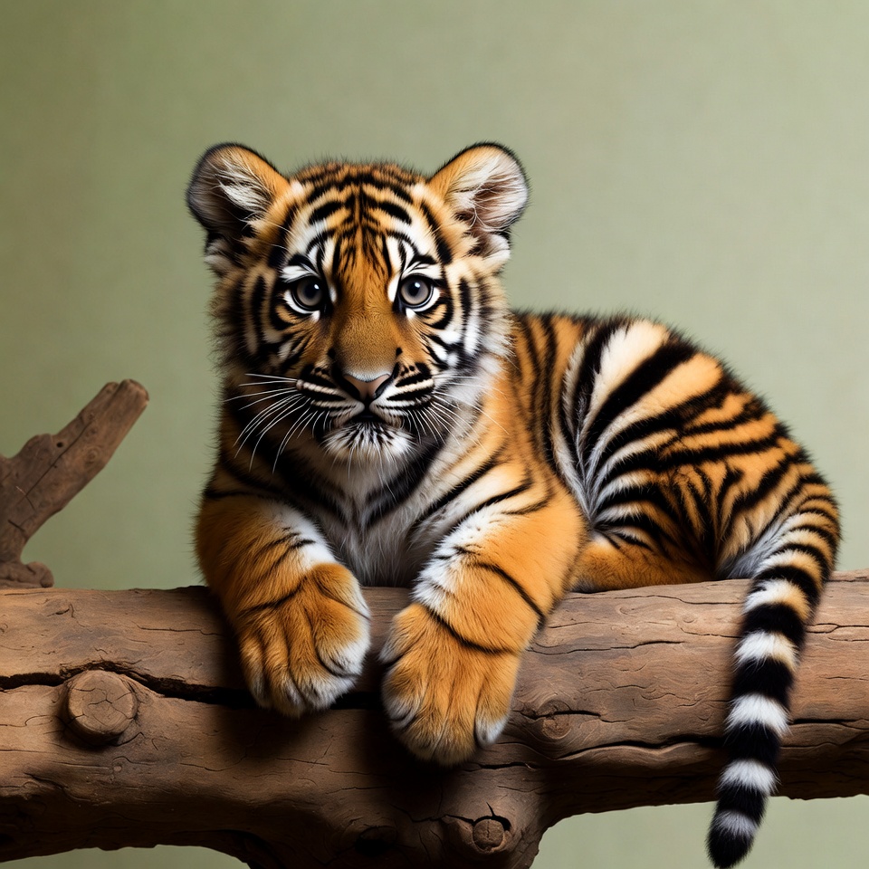 Baby tiger sitting on log Baby tiger sitting on log
