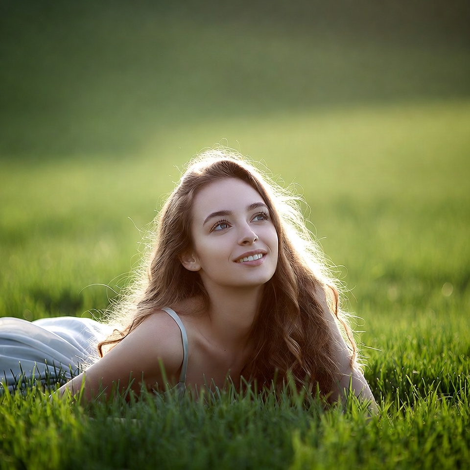 Young woman lying in green grass Young woman lying in green grass