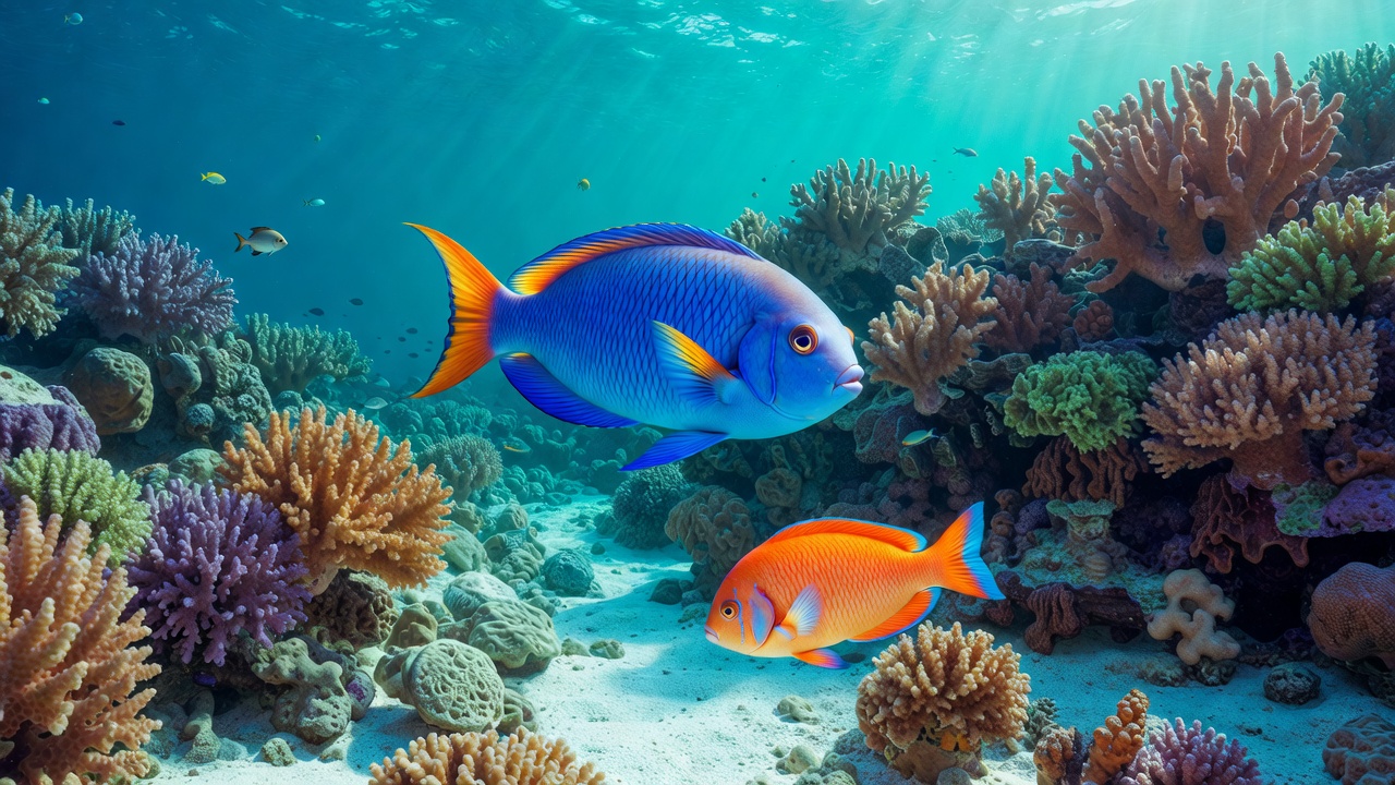 Blue and Orange Angelfish in Coral Reef Blue and Orange Angelfish in Coral Reef
