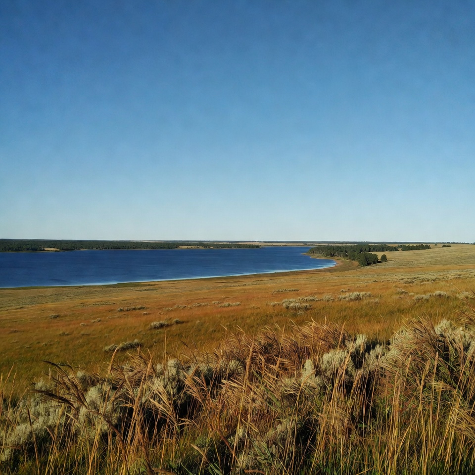 Curving blue lake in golden grasslands Curving blue lake in golden grasslands