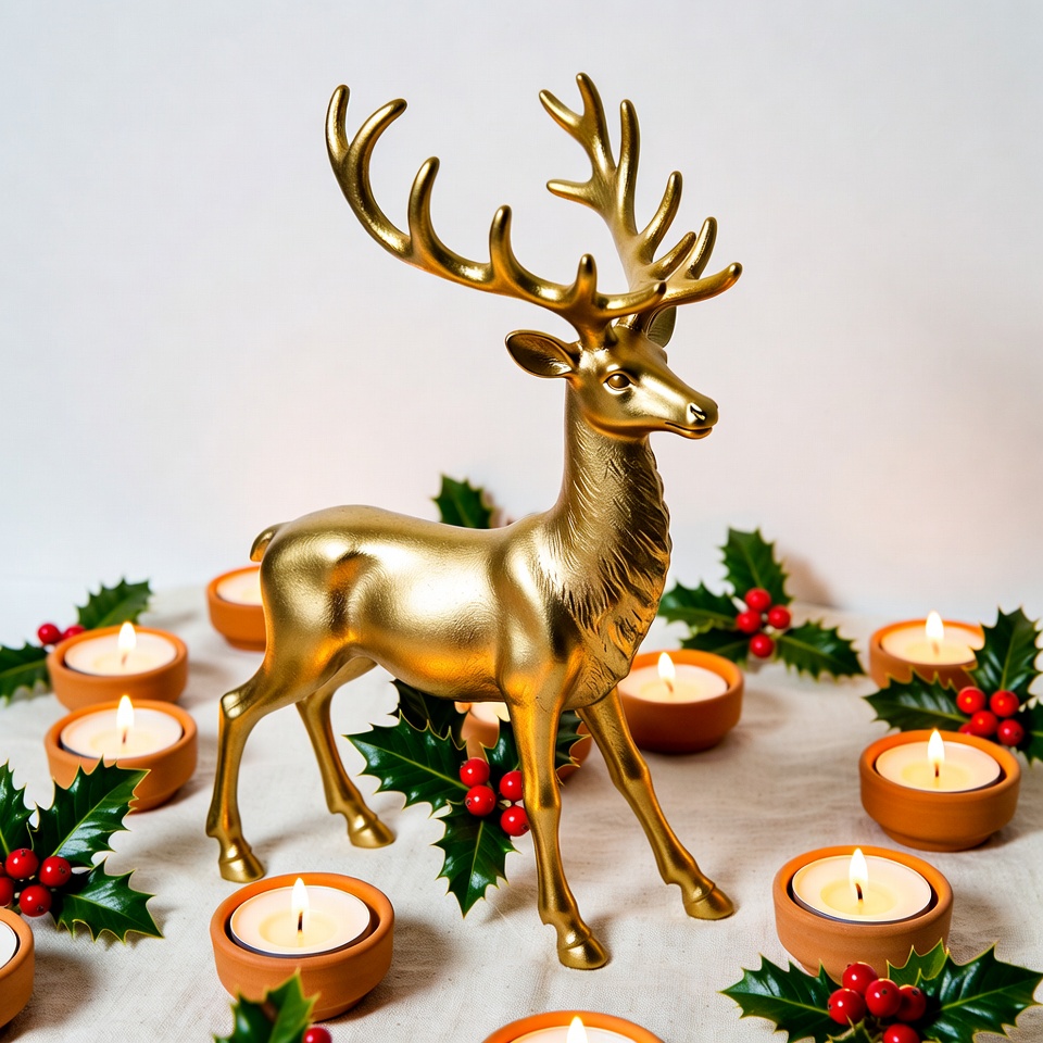 Golden Reindeer with Holly and Candles Golden Reindeer with Holly and Candles