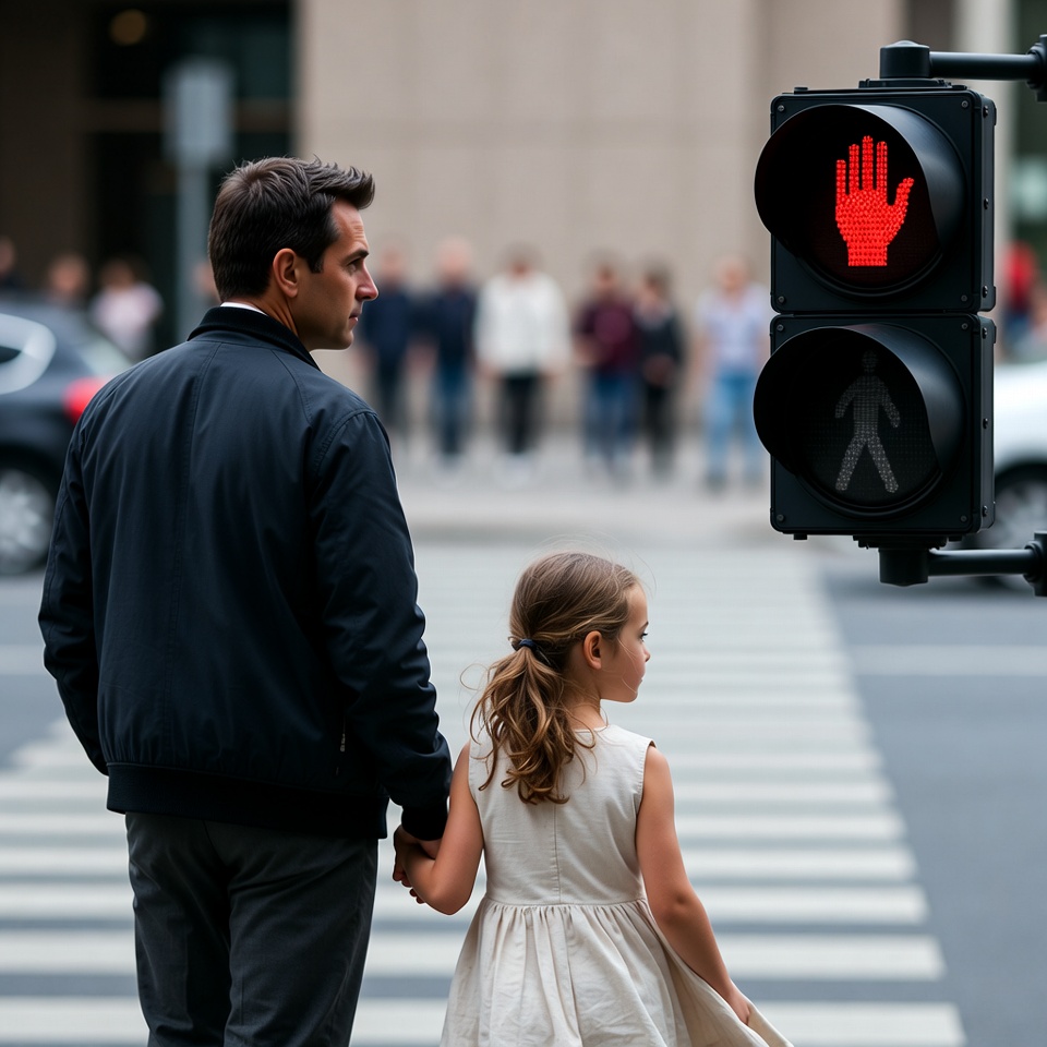 Father and daughter at red pedestrian light Father and daughter at red pedestrian light