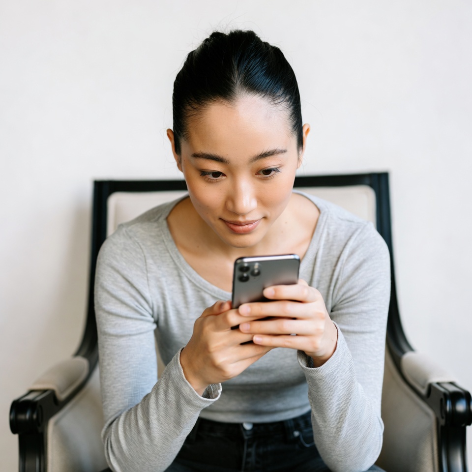 Asian woman using smartphone on chair Asian woman using smartphone on chair