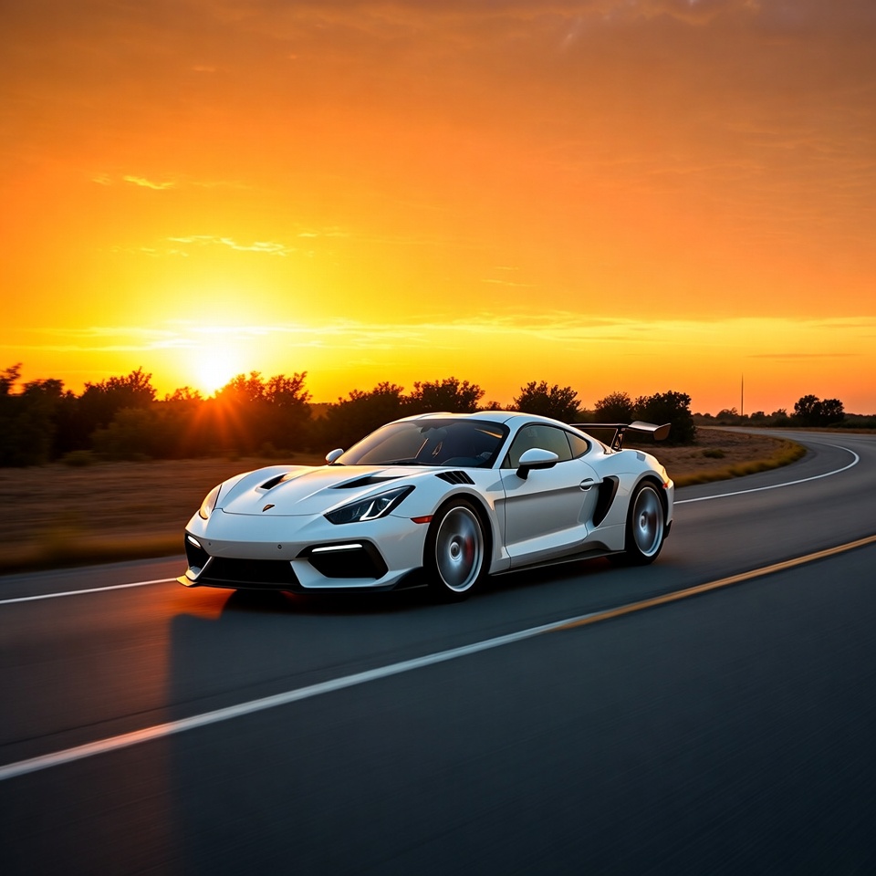 White Porsche 718 Cayman GT4 RS at Sunset White Porsche 718 Cayman GT4 RS at Sunset