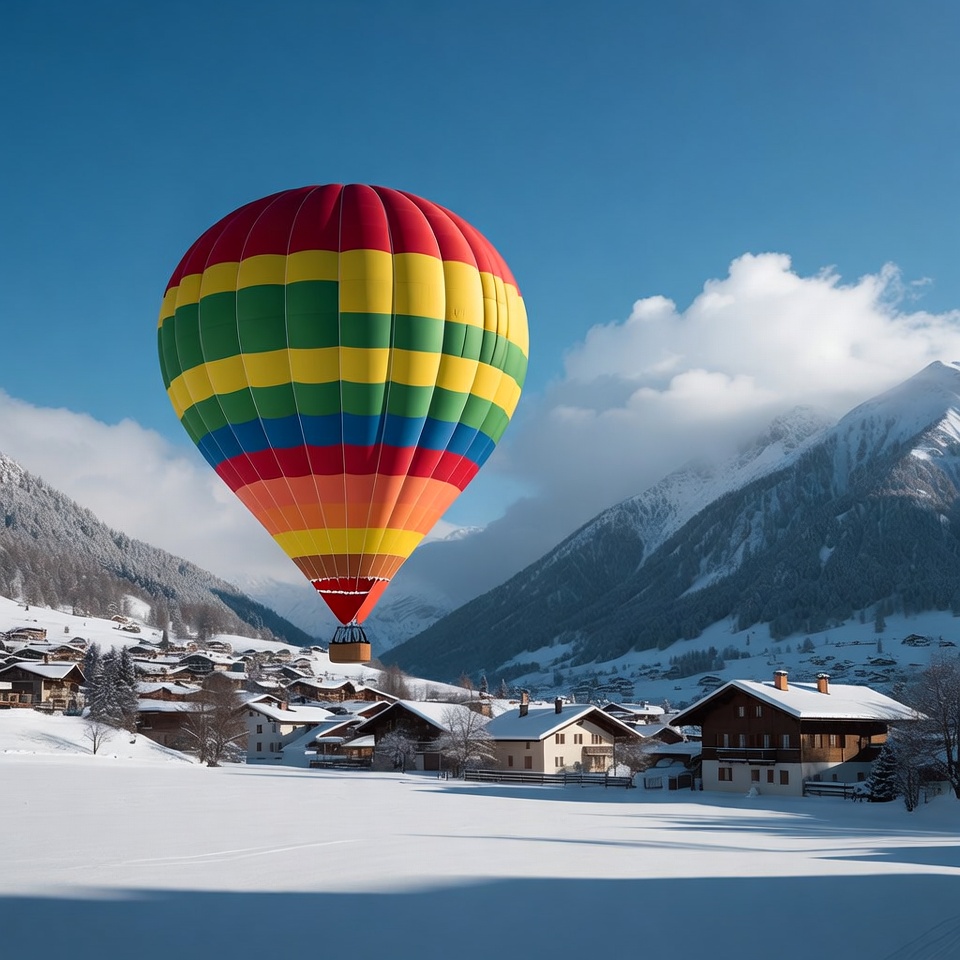 Colorful Hot Air Balloon over Snowy Alpine Village