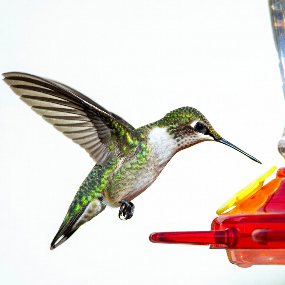Hummingbird feeding at red feeder Hummingbird feeding at red feeder