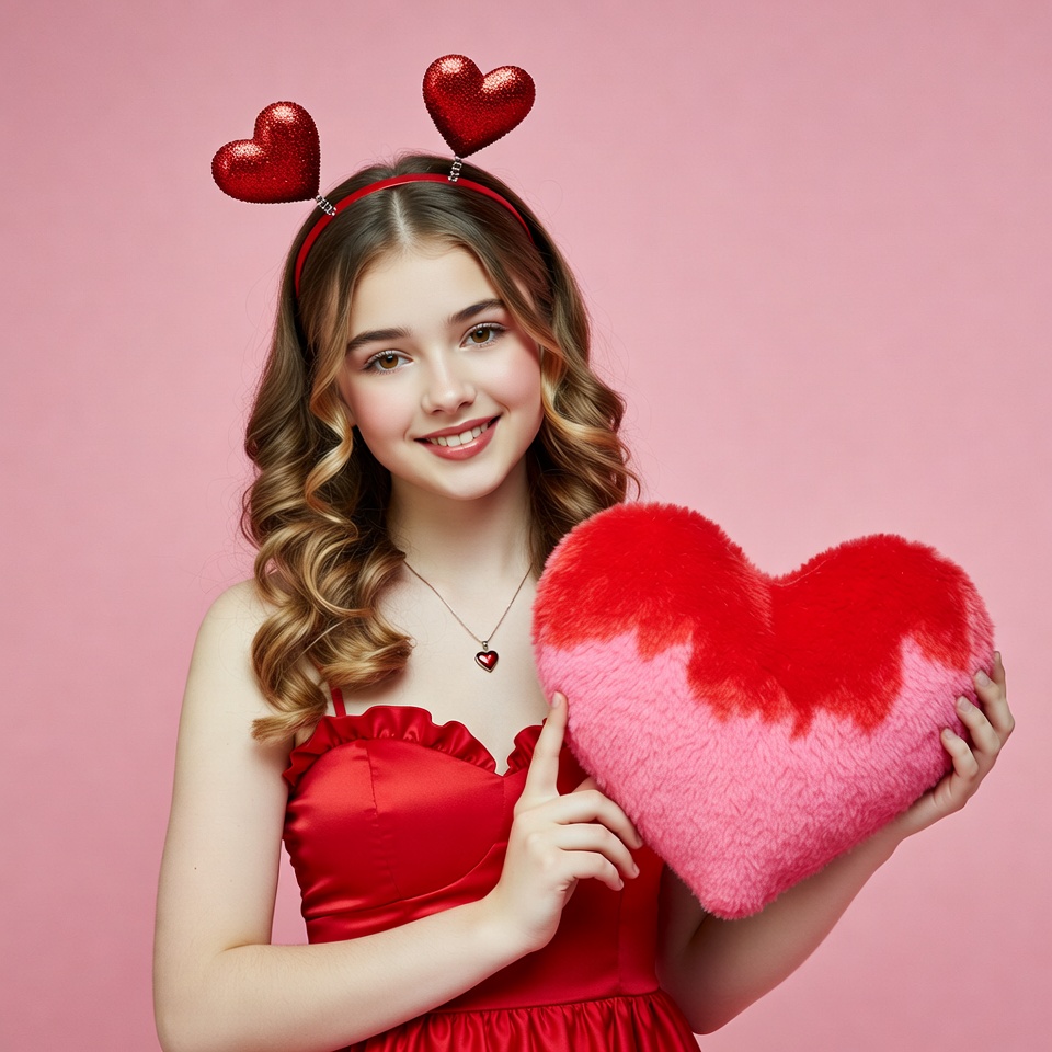 Girl holding red heart pillow Girl holding red heart pillow