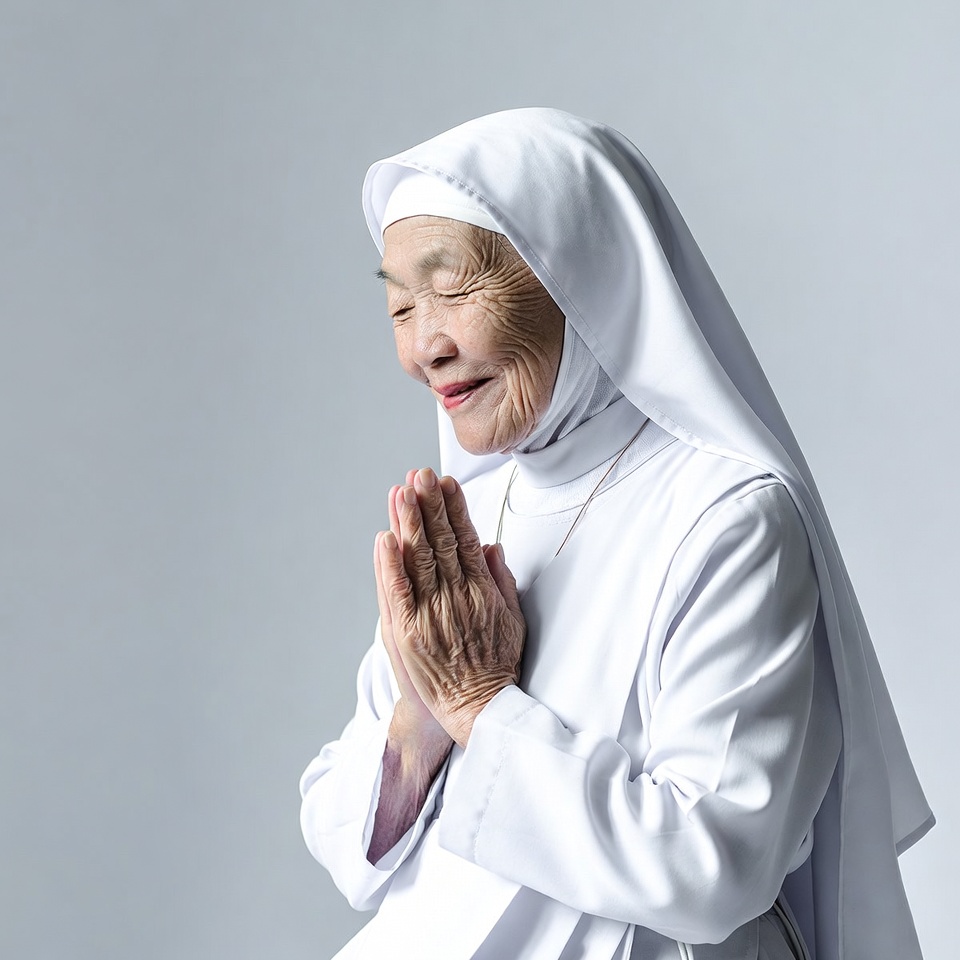 Elderly nun praying with hands clasped Elderly nun praying with hands clasped