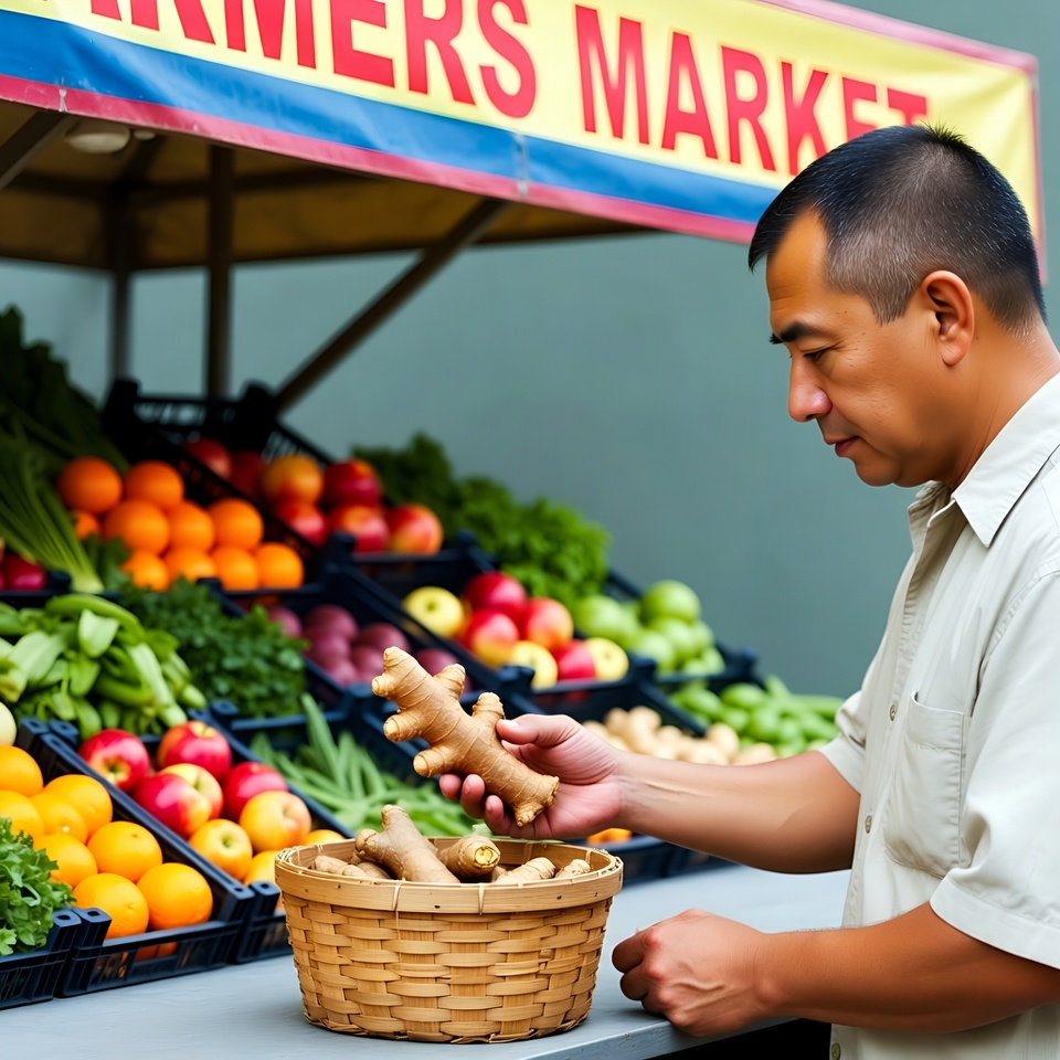 Asian man holding ginger at farmers market Asian man holding ginger at farmers market