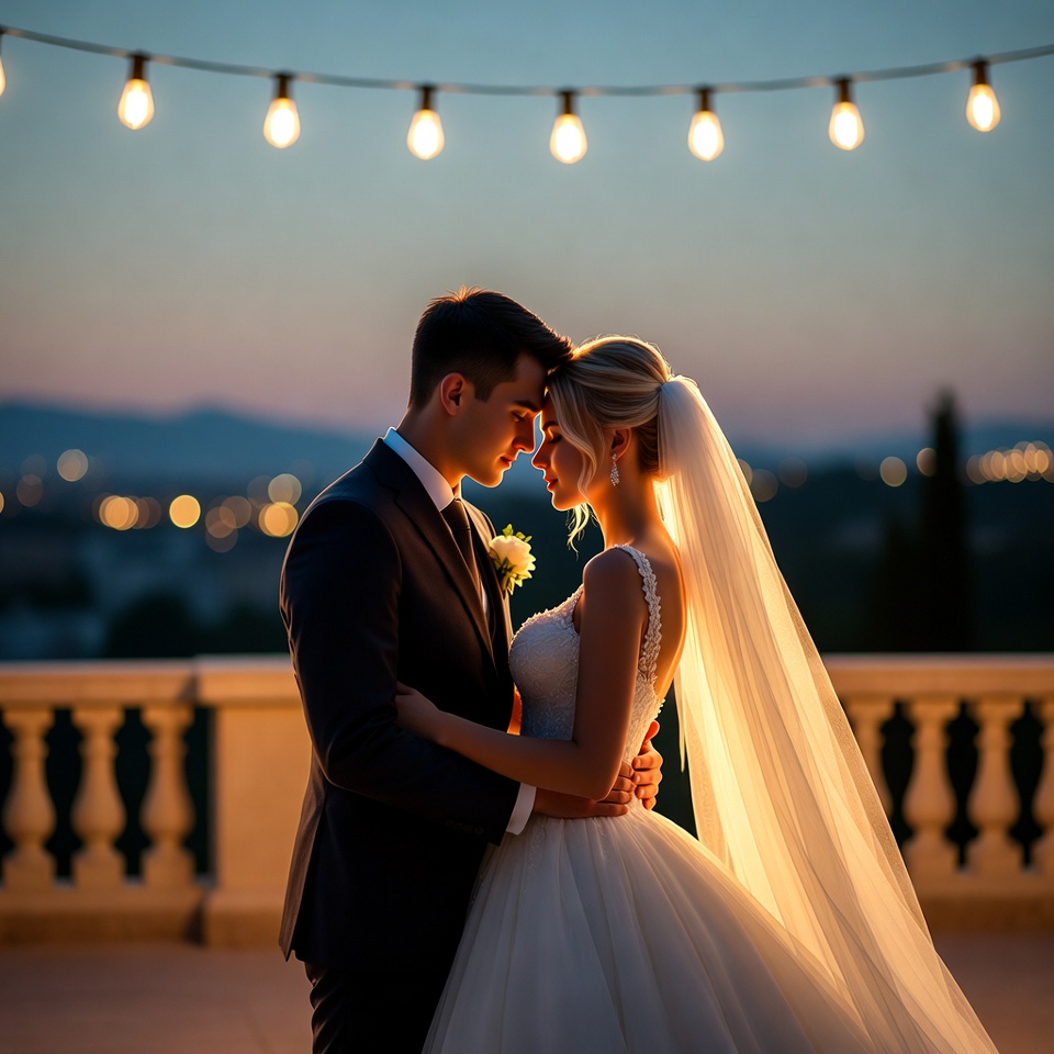Bride and groom embracing at sunset Bride and groom embracing at sunset
