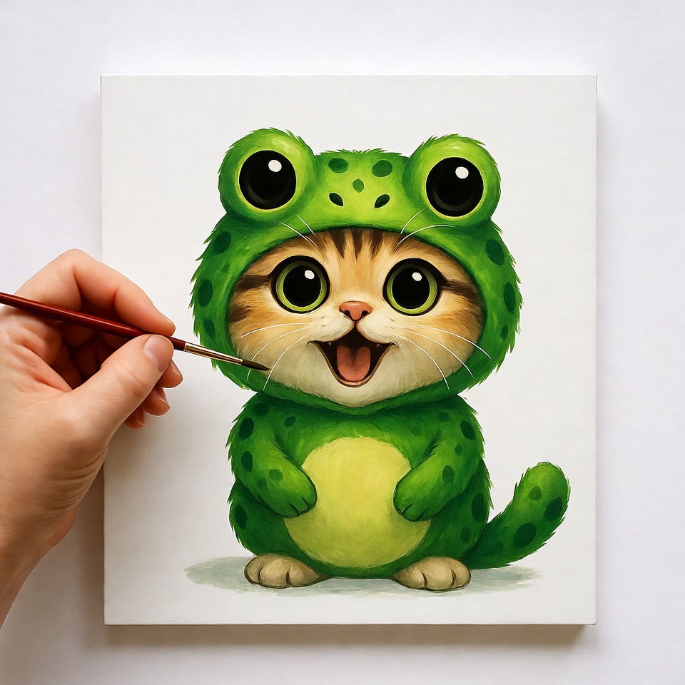 Hand painting kitten in frog costume Hand painting kitten in frog costume
