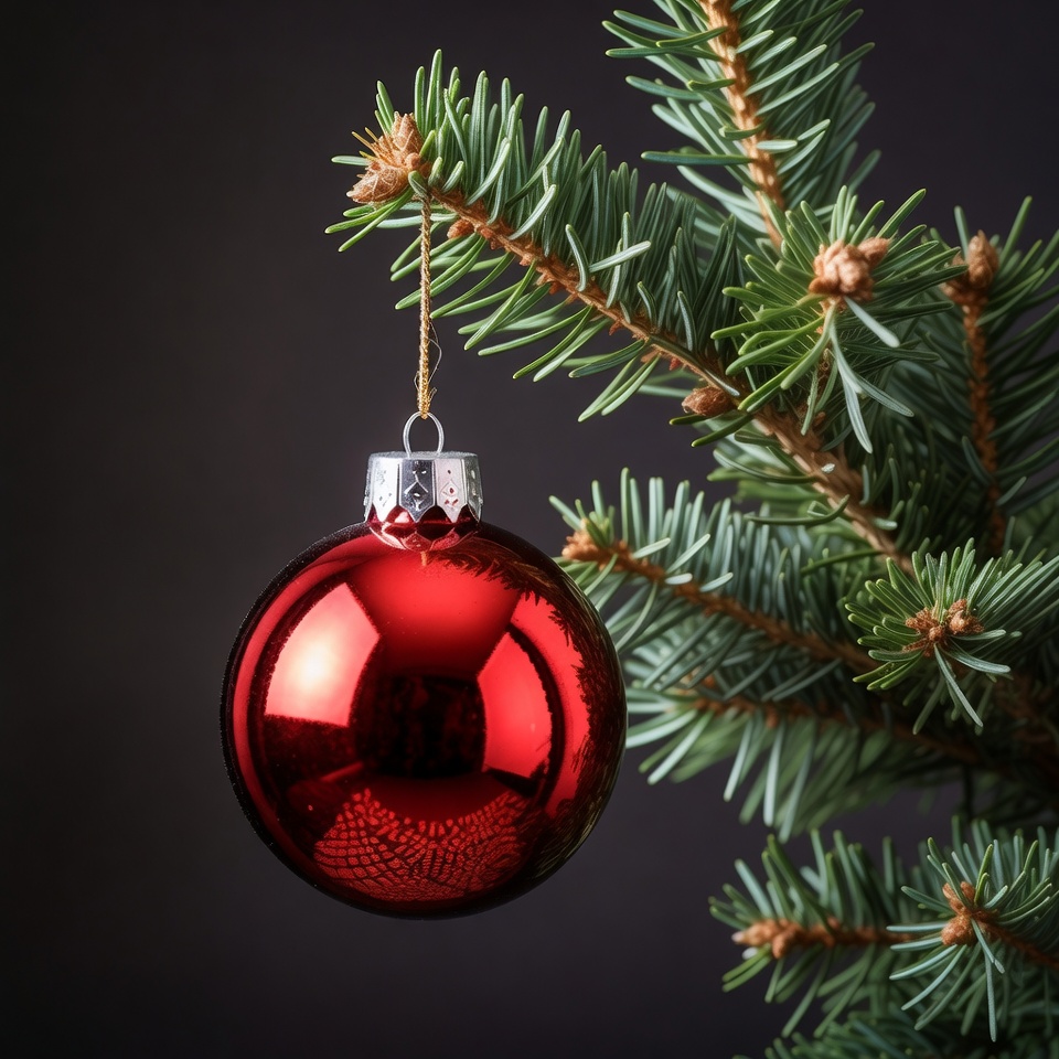 Red Christmas Bauble on Fir Branch Red Christmas Bauble on Fir Branch