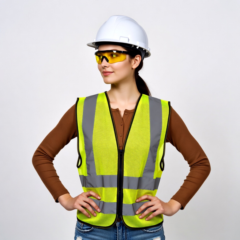 Woman in yellow safety vest and hard hat Woman in yellow safety vest and hard hat