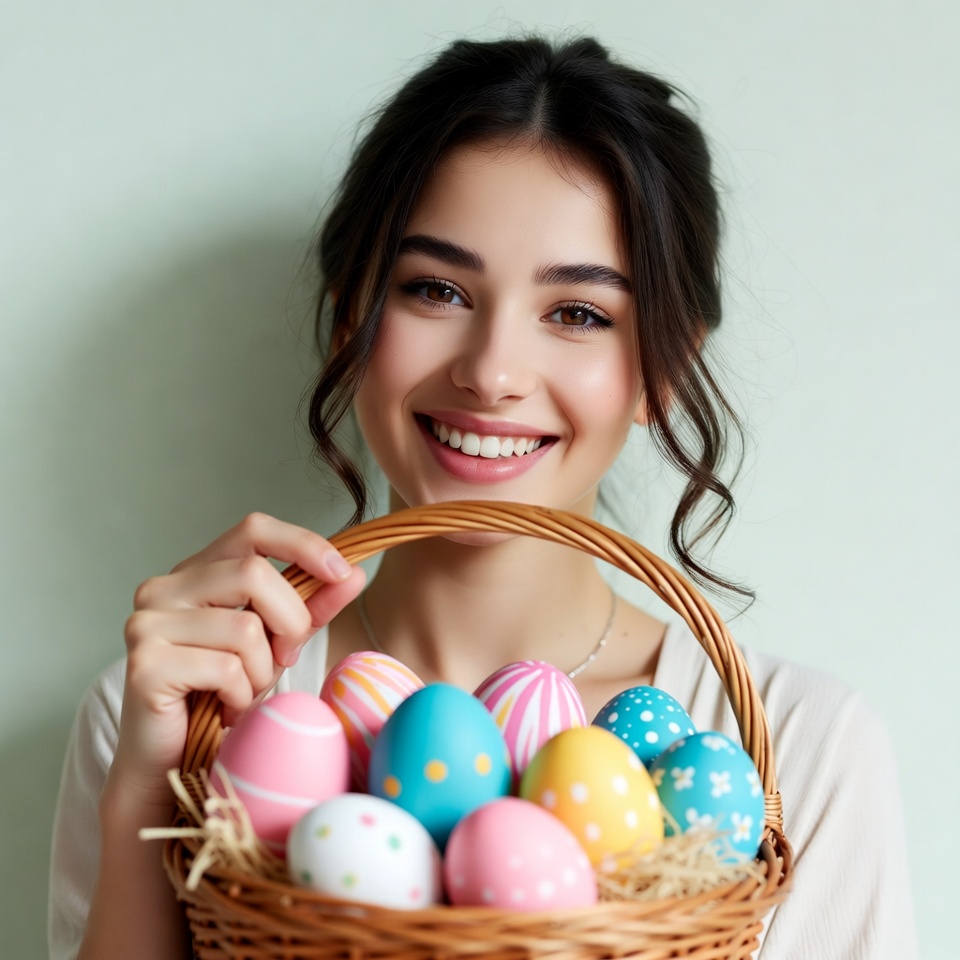 Woman holding Easter eggs basket Woman holding Easter eggs basket