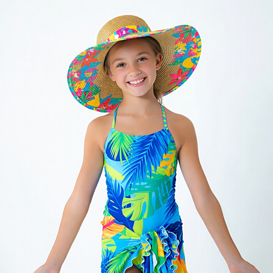 Girl in blue swimsuit with straw hat Girl in blue swimsuit with straw hat