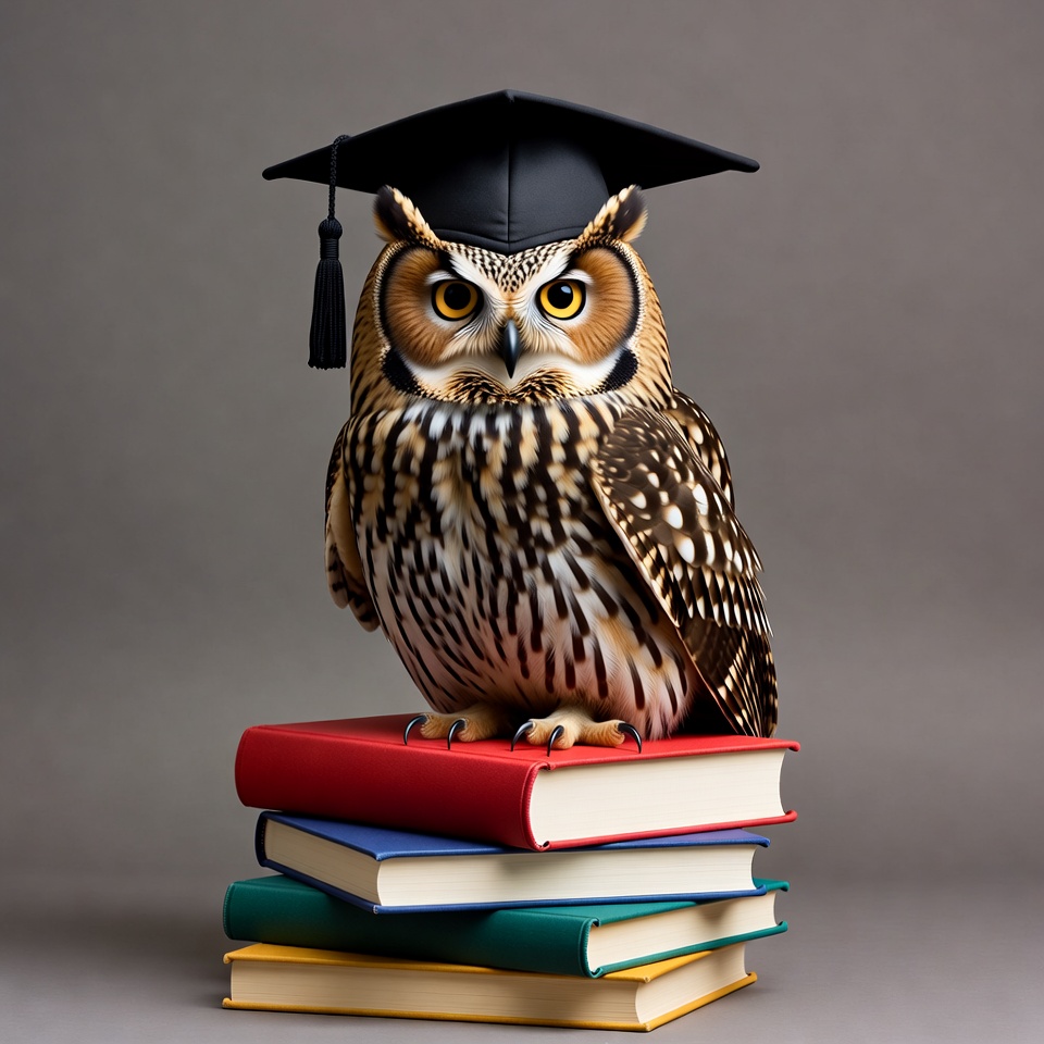 Owl wearing graduation cap on books Owl wearing graduation cap on books