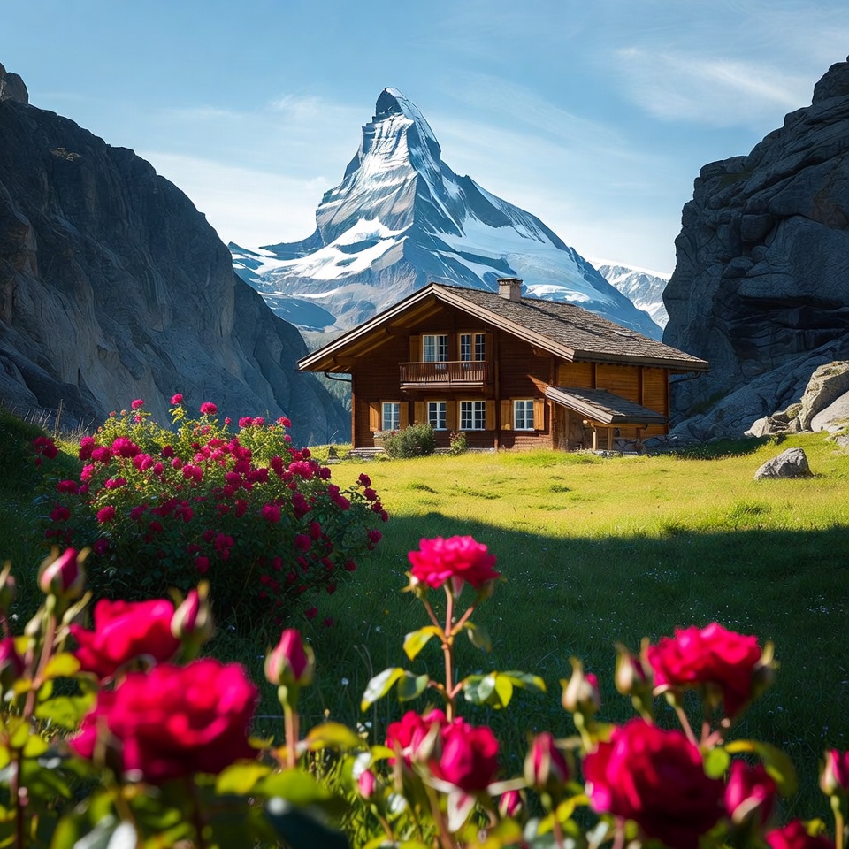 Chalet with Matterhorn and red roses Chalet with Matterhorn and red roses