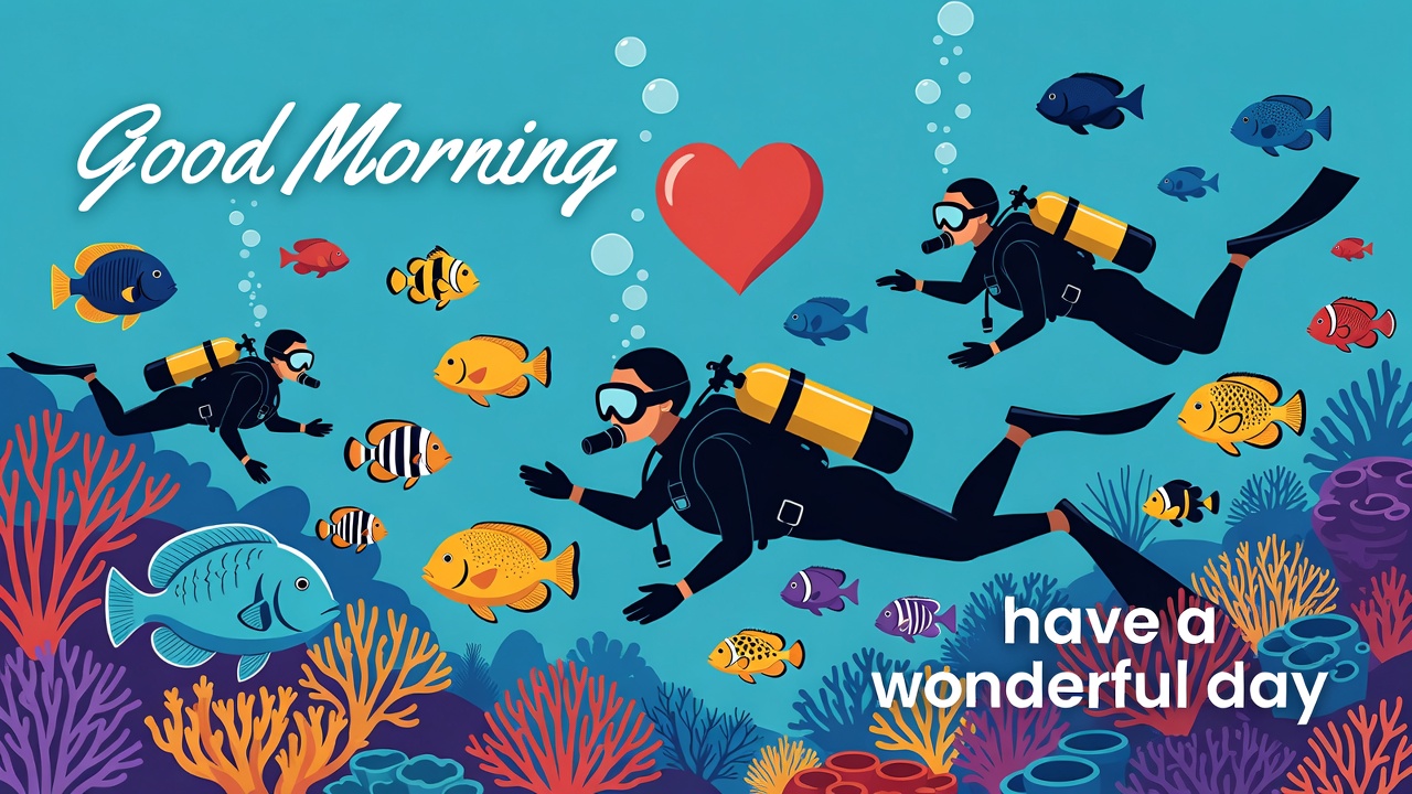 Divers with Fish Good Morning Illustration Divers with Fish Good Morning Illustration