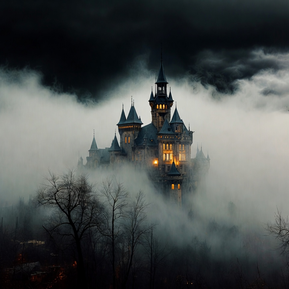 Gothic Castle in Foggy Night Gothic Castle in Foggy Night