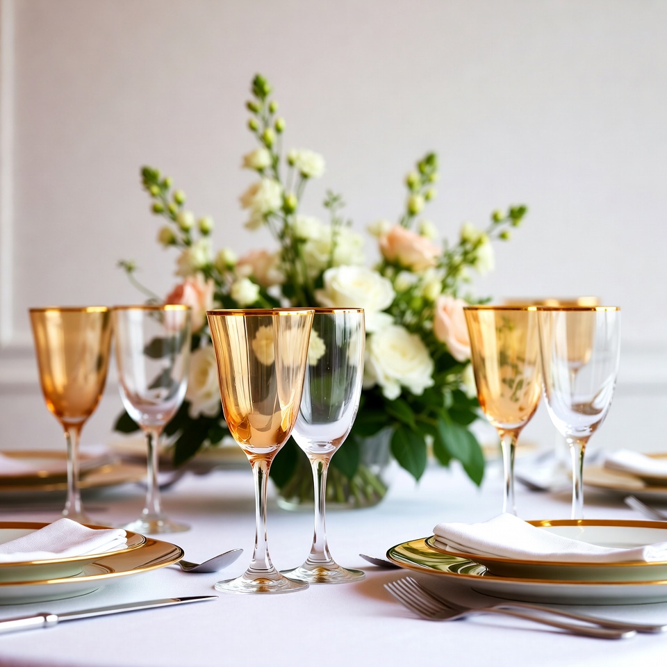 Gold-rimmed glasses and white flowers Gold-rimmed glasses and white flowers