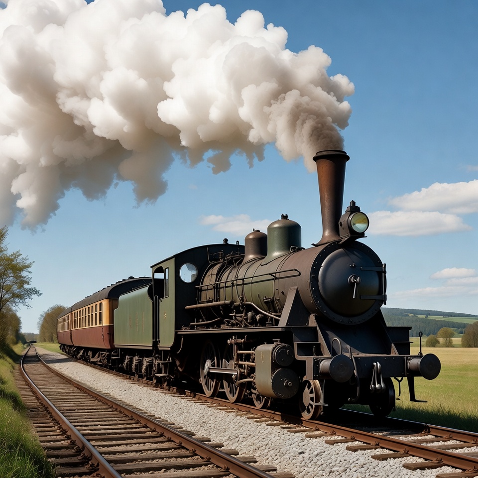 Steam train on tracks in countryside Steam train on tracks in countryside