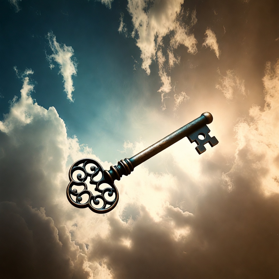 Vintage key floating in clouds Vintage key floating in clouds
