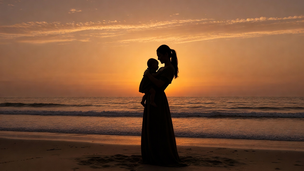 Silhouette mother holding baby at sunset beach Silhouette mother holding baby at sunset beach