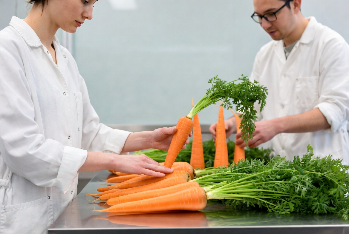 Scientists Examining Fresh Carrots Scientists Examining Fresh Carrots