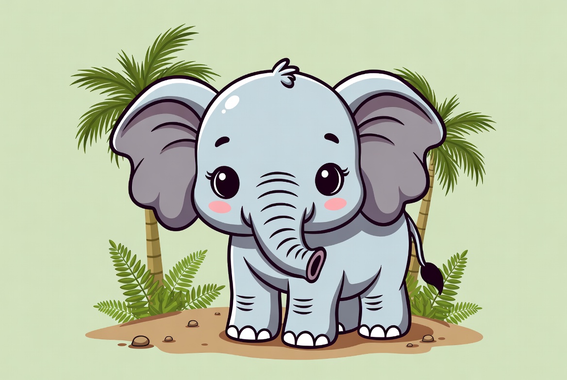 Cute baby elephant with palm trees Cute baby elephant with palm trees