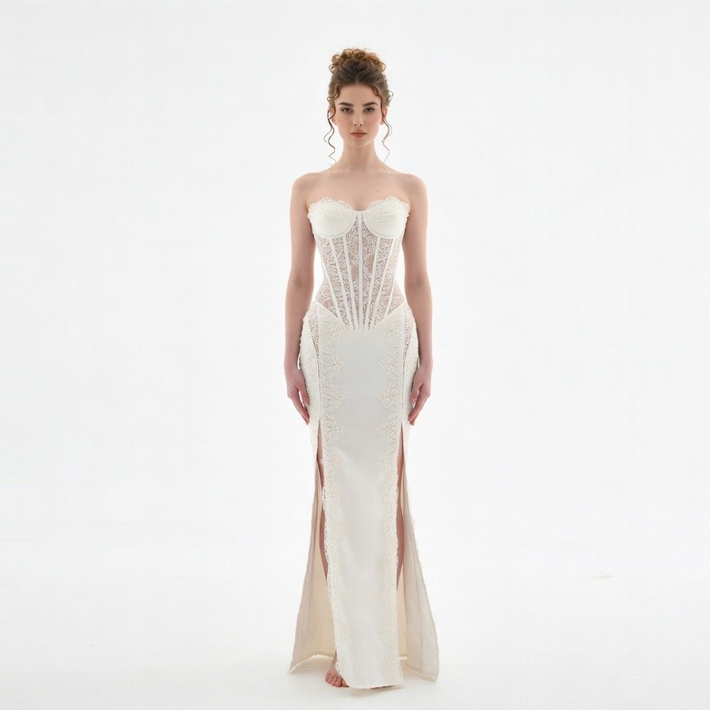 Woman in white lace corset gown Woman in white lace corset gown