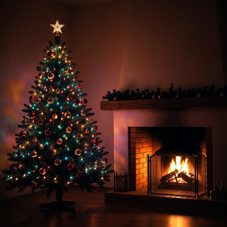 Lit Christmas Tree by Fireplace Lit Christmas Tree by Fireplace
