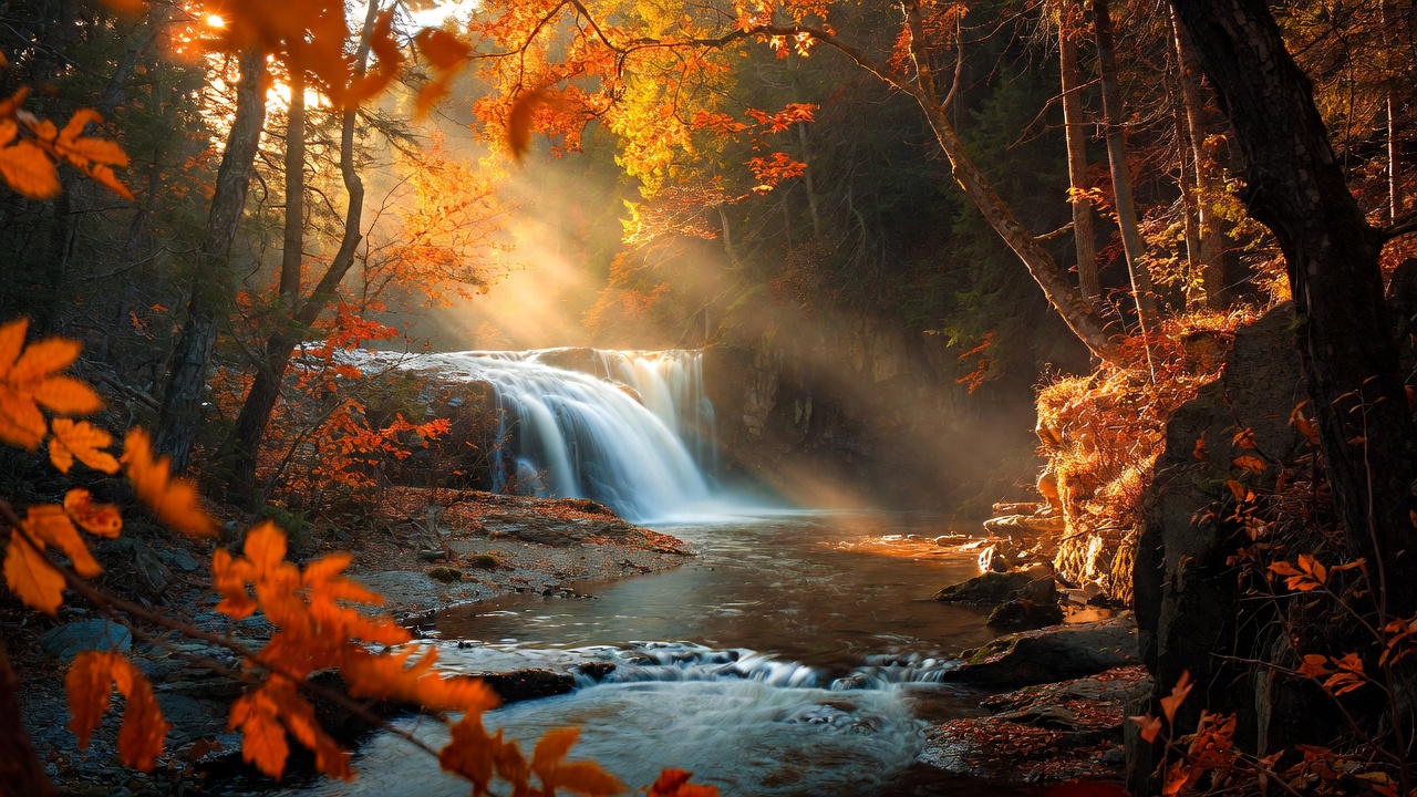 Autumn Waterfall in Forest with Sunbeams Autumn Waterfall in Forest with Sunbeams