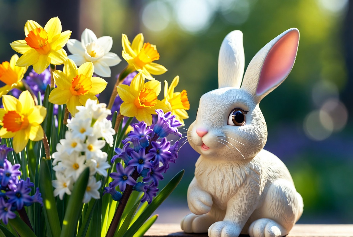 White bunny with daffodils and hyacinths White bunny with daffodils and hyacinths