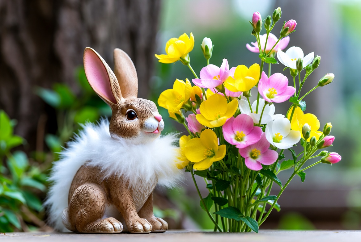 Fluffy Bunny with Colorful Flowers Fluffy Bunny with Colorful Flowers